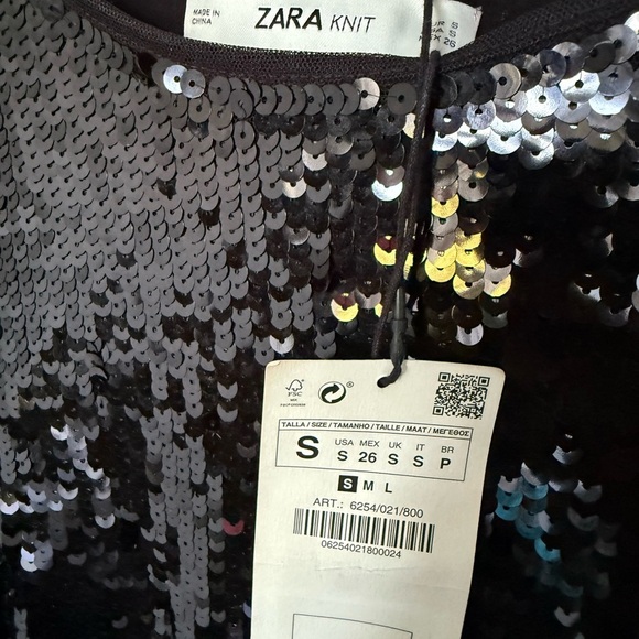 Zara Black Sequin Short Sleeve Top-Black round neck- sequin fringe hem-Size S - Picture 5 of 5
